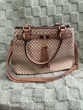 Tassel Accent Patterned Tote Bag in Beige and Tan